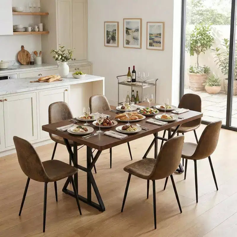 Table à manger industrielle FurnitureR avec plateau aspect bois et base métallique en forme de X, table rectangulaire de taille fixe pour salle à manger ou cuisine