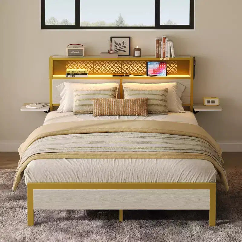 Cadre de lit Bestier Queen/Full en tissu, plateforme de lit LED, tête de lit de rangement avec étagères pliantes et station de charge