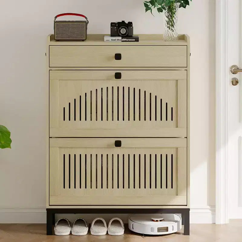 Meuble à chaussures moderne avec 2 tiroirs basculants et grand tiroir, organisateur de chaussures en bois avec étagère réglable, rangement à chaussures caché pour entrée, salon
