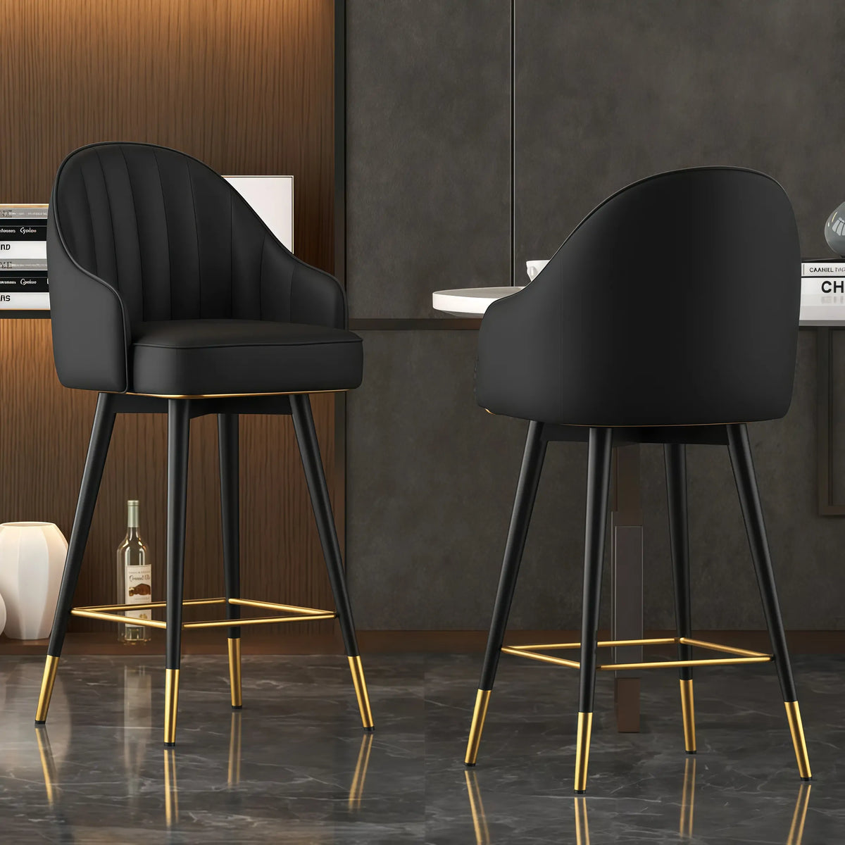 Tabouret de bar Art Déco pivotant en cuir avec dossier et assise rembourrés