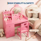 Coiffeuse avec miroir et lumières pour petites filles, ensemble de coiffeuse avec tiroirs et étagères de rangement ouvertes, table de toilette en bois pour chambre à coucher