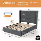 Lit plateforme capitonné Queen avec tête de lit à oreilles de 141 cm, support silencieux à lattes en bois, pas besoin de sommier tapissier