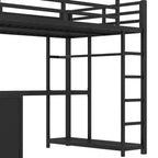 Lit mezzanine en métal Queen Bellemave avec bureau en L et armoire, lit mezzanine peu encombrant avec étagères de rangement et garde-corps, noir
