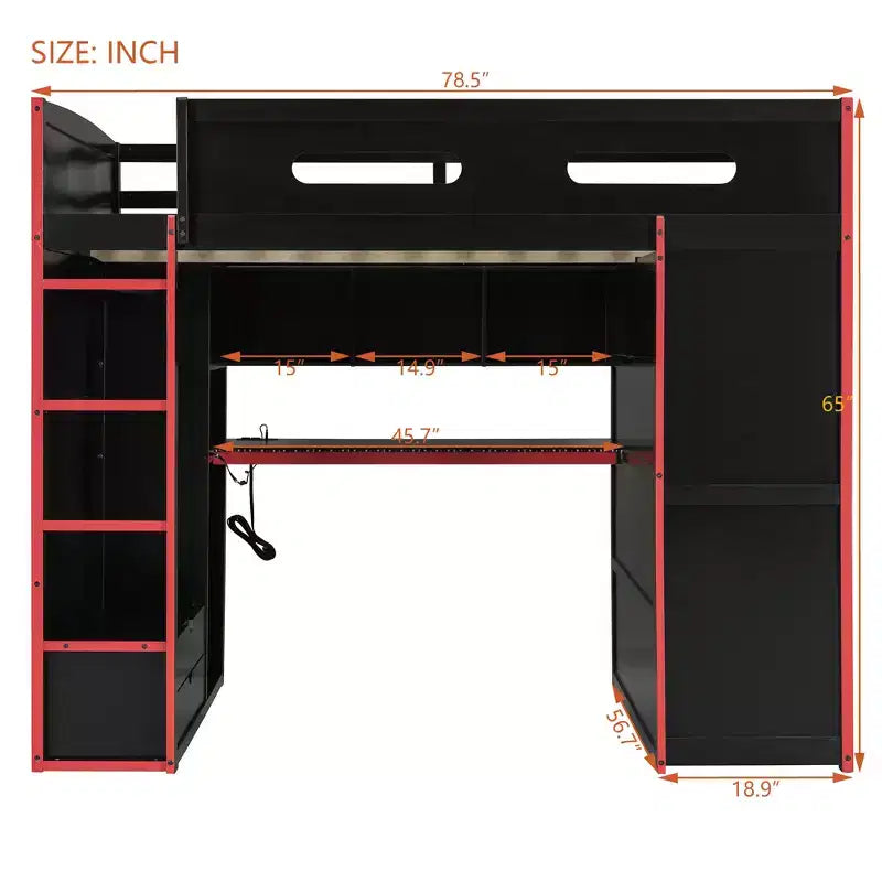 Lit mezzanine double Merax avec bureau, armoire, lumières LED RVB et port de chargement USB - Cadre noir élégant avec de multiples espaces de rangement pour les amateurs de jeux
