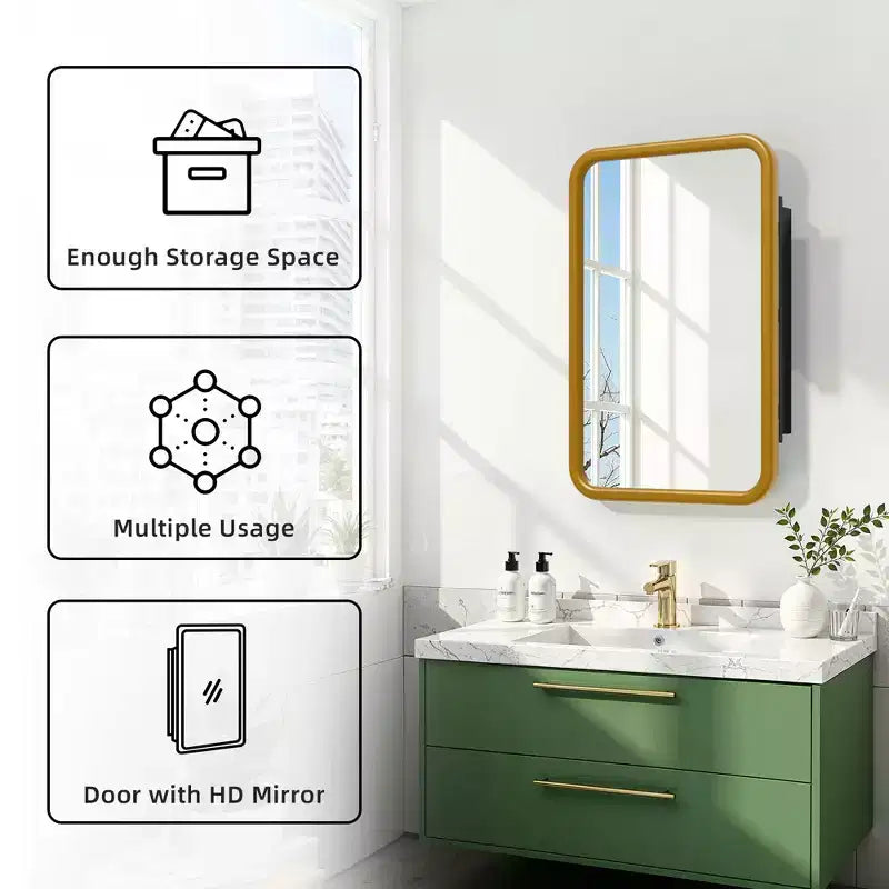 Armoire à pharmacie murale rectangulaire arrondie en fer forgé blanc de 19,5 x 29,64 pouces avec miroir pour salle de bain