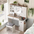 Coiffeuse de ferme avec miroir coulissant à LED, 4 tiroirs et 2 armoires, station de charge, plateau en verre et armoire latérale pour chambre à coucher