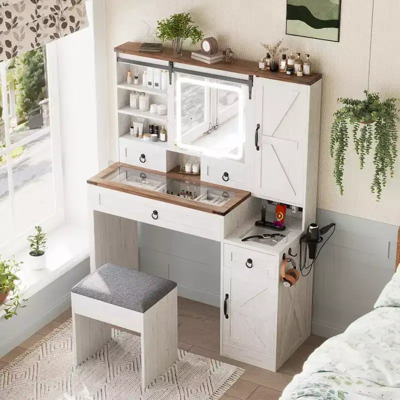 Coiffeuse de ferme avec miroir coulissant à LED, 4 tiroirs et 2 armoires, station de charge, plateau en verre et armoire latérale pour chambre à coucher