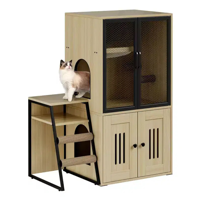 Meuble de litière pour chat GustomWave, armoire double cachée 2 en 1 avec bac à litière fermé et échelle, meuble pour chat en bois