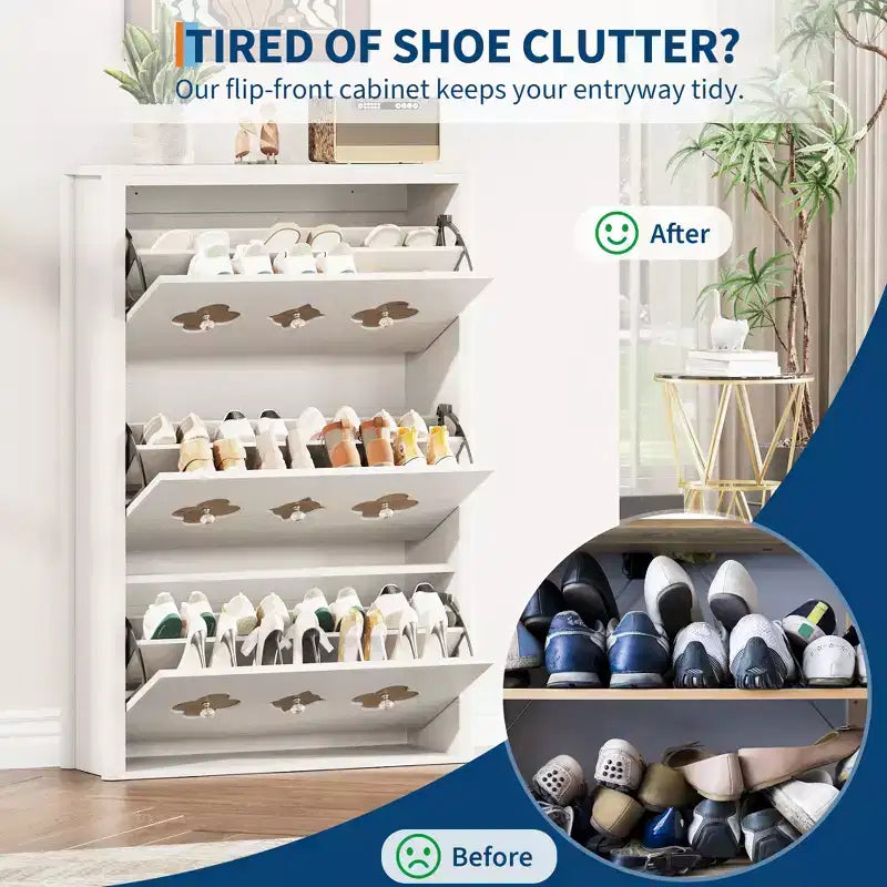Meuble à chaussures Garvee avec 3 tiroirs basculants sculptés, poignées en cristal, meuble de rangement pour chaussures avec étagère réglable, meuble à chaussures de rangement en bois