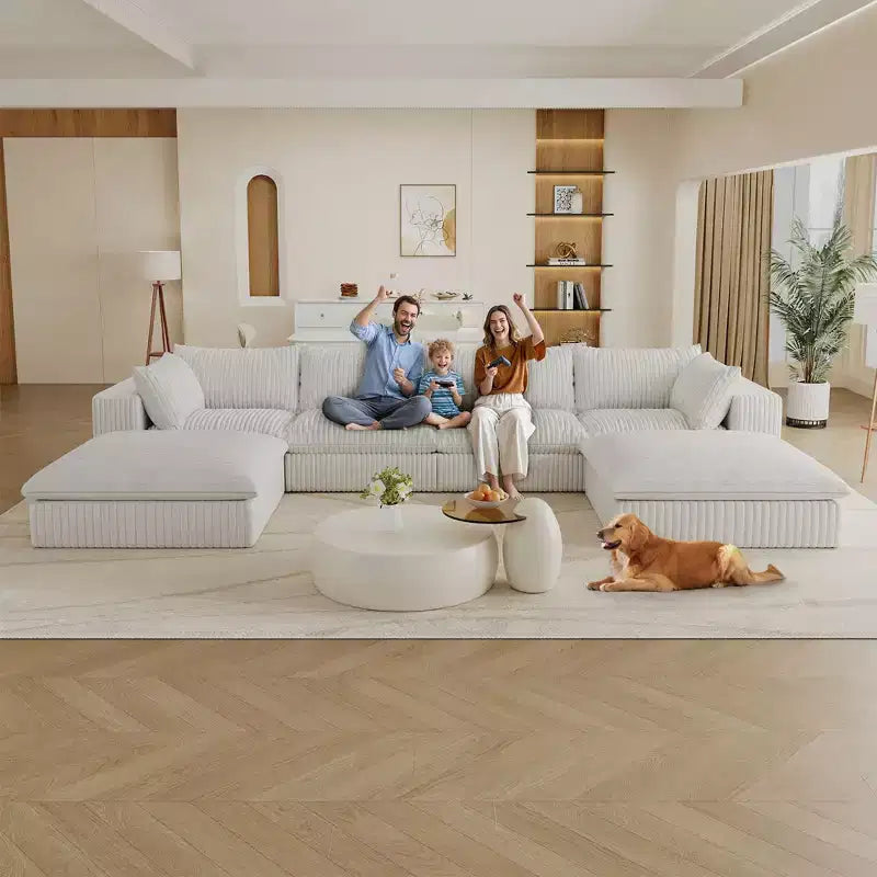 Canapé d'angle modulable en velours côtelé blanc de 4 m avec 2 poufs, grand canapé profond, design double couche, coussin amovible, aucun assemblage requis.