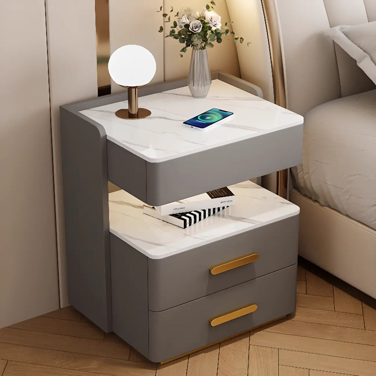 Table de chevet avec rangement à tiroirs, recharge sans fil et éclairage LED