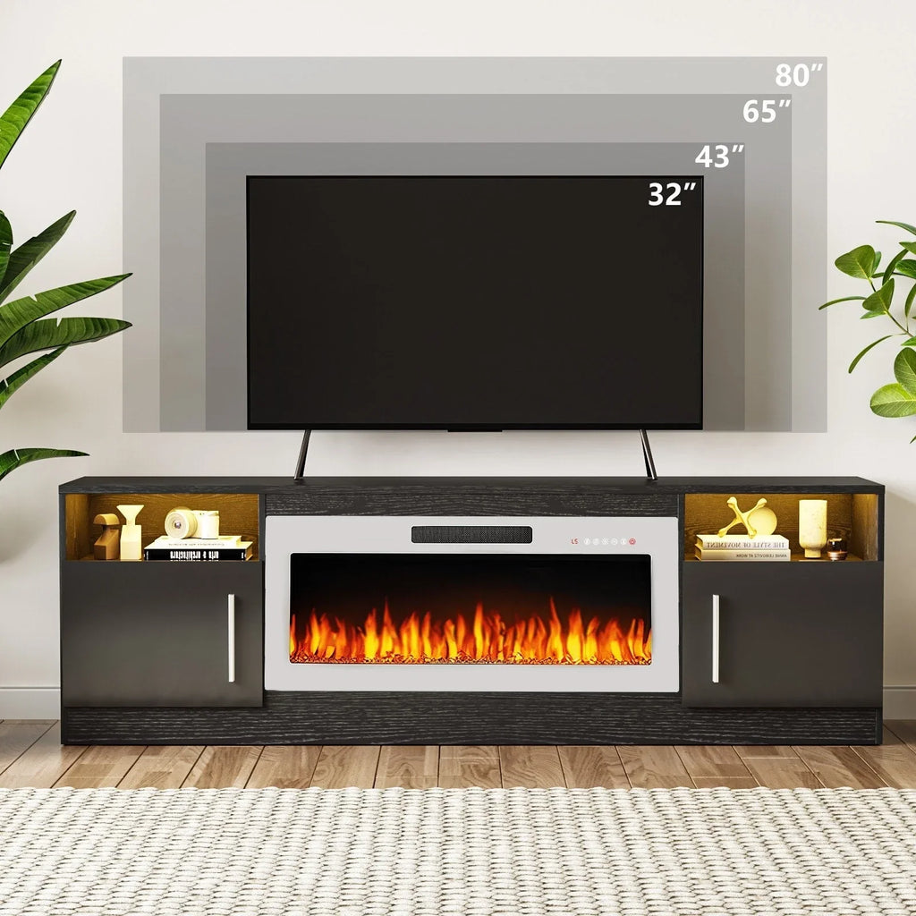 Meuble TV cheminée Bossin 70 avec cheminée électrique 36, meuble TV pour téléviseurs jusqu'à 80 pouces, lumières LED 16 couleurs/centre de divertissement