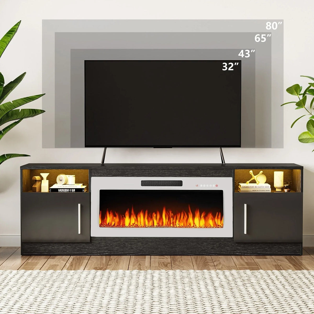 Meuble TV cheminée Bossin 70 avec cheminée électrique 36, meuble TV pour téléviseurs jusqu'à 80 pouces, lumières LED 16 couleurs/centre de divertissement