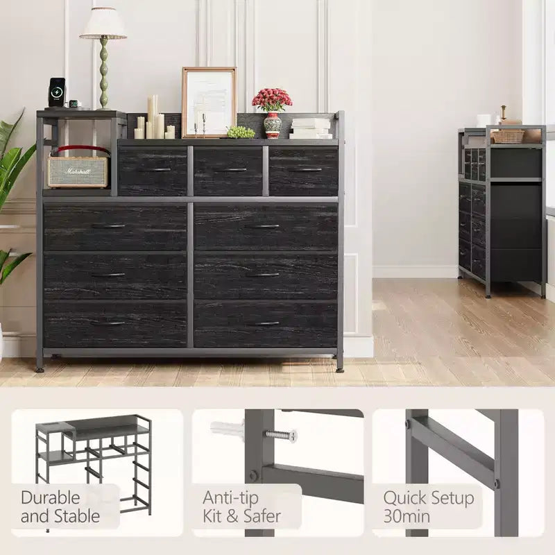 COZONY Commode de rangement à 9 tiroirs de 86,4 cm de haut et meuble TV, Tour de rangement en tissu, Rangement à cadre en acier robuste pour le salon, utilisation dans les petits espaces