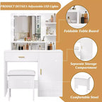 Coiffeuse, coiffeuse avec miroir et 9 ampoules LED, grands tiroirs et trois niveaux de rangement et d'étagères ouvertes pour chambre, blanc