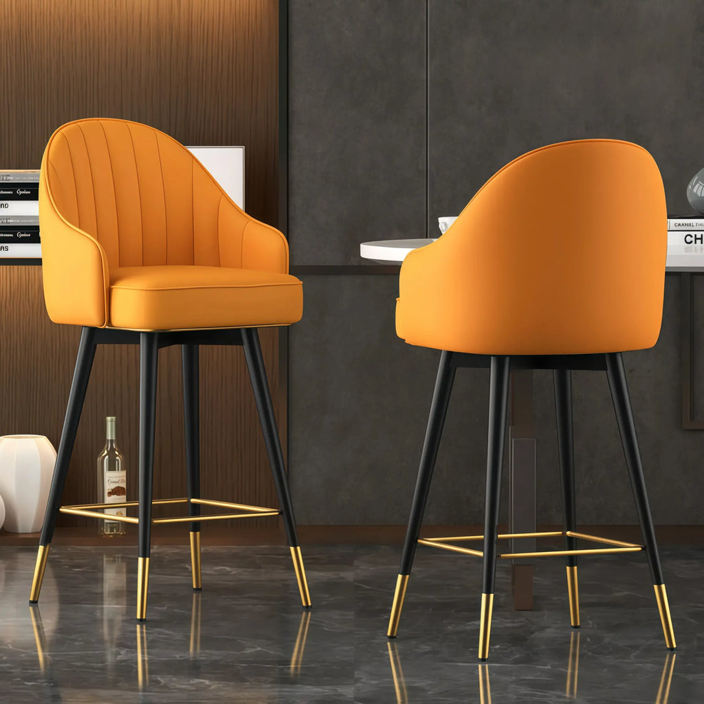 Tabouret de bar Art Déco pivotant en cuir avec dossier et assise rembourrés
