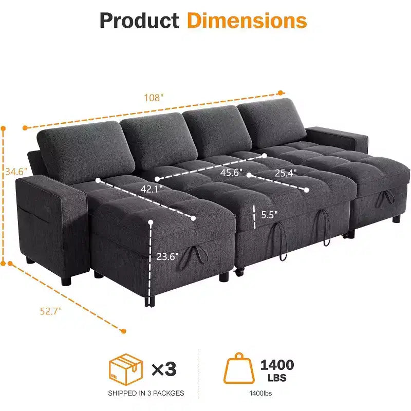 Canapé d'angle modulable 4 places Dyonery 108 avec ports USB/dossier réglable/2 sièges de rangement