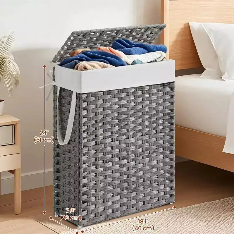 Panier à linge fin de 55 litres avec couvercle, en rotin, pliable, avec couvercle et poignées, doublure amovible