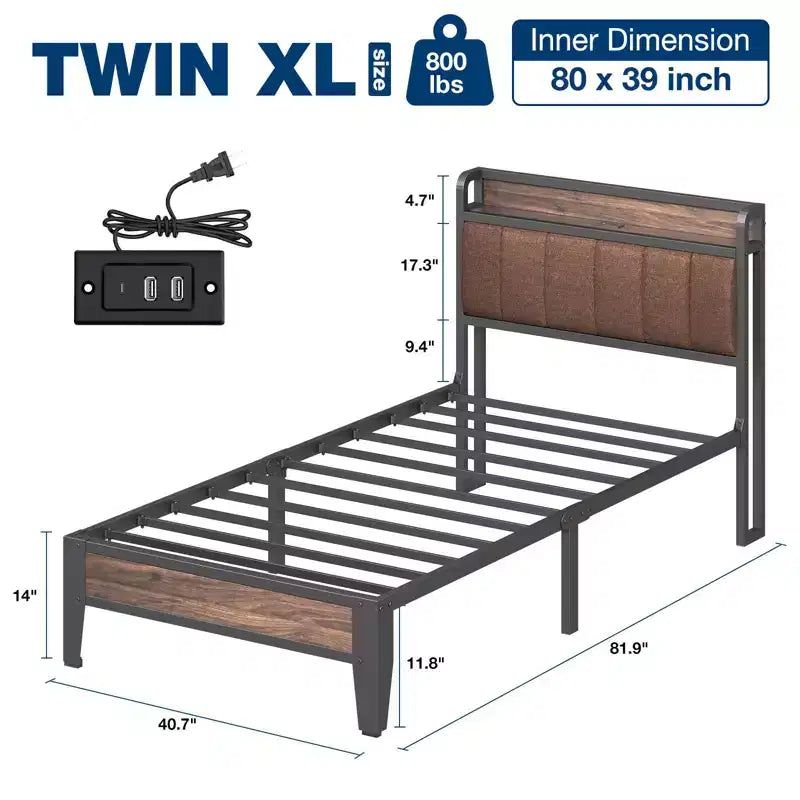 Lusimo Cadre de lit Twin XL, Lit plateforme rembourré avec tête de lit de rangement et station de charge