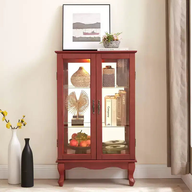 Vitrine à 2 portes avec portes en verre trempé, panneau arrière miroir, étagères réglables et éclairage pour le bureau à domicile