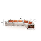 Canapé d'angle modulable 5 places en L avec oreillers, accoudoirs en bois et étagères de rangement polyvalentes, 142 po