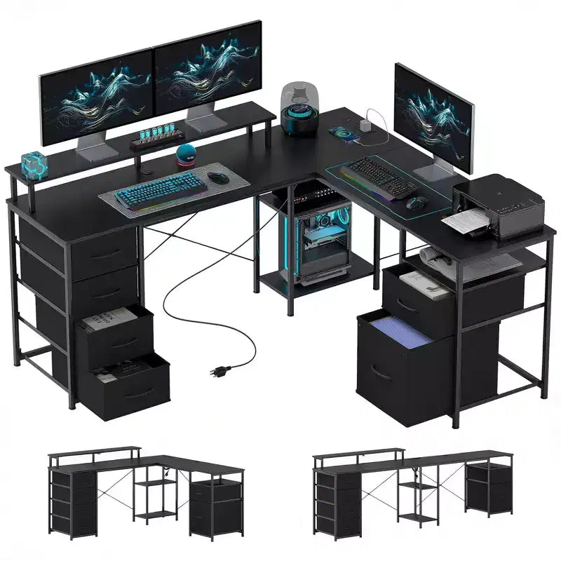 HOMCOM Bureau réversible en L de 167 cm avec tiroir-classeur, bureau double de 266 cm avec prise de courant et lumière LED, étagère pour écran et support CPU
