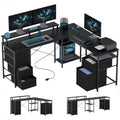 HOMCOM Bureau réversible en L de 167 cm avec tiroir-classeur, bureau double de 266 cm avec prise de courant et lumière LED, étagère pour écran et support CPU