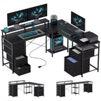 HOMCOM Bureau réversible en L de 167 cm avec tiroir-classeur, bureau double de 266 cm avec prise de courant et lumière LED, étagère pour écran et support CPU