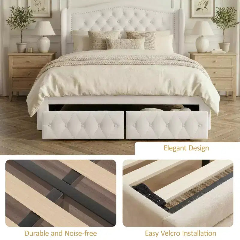 Cadre de lit plateforme Dyonery Queen Size, lit rembourré en velours avec tête de lit capitonnée à boutons profonds et ailes cloutées / Aucun sommier tapissier requis