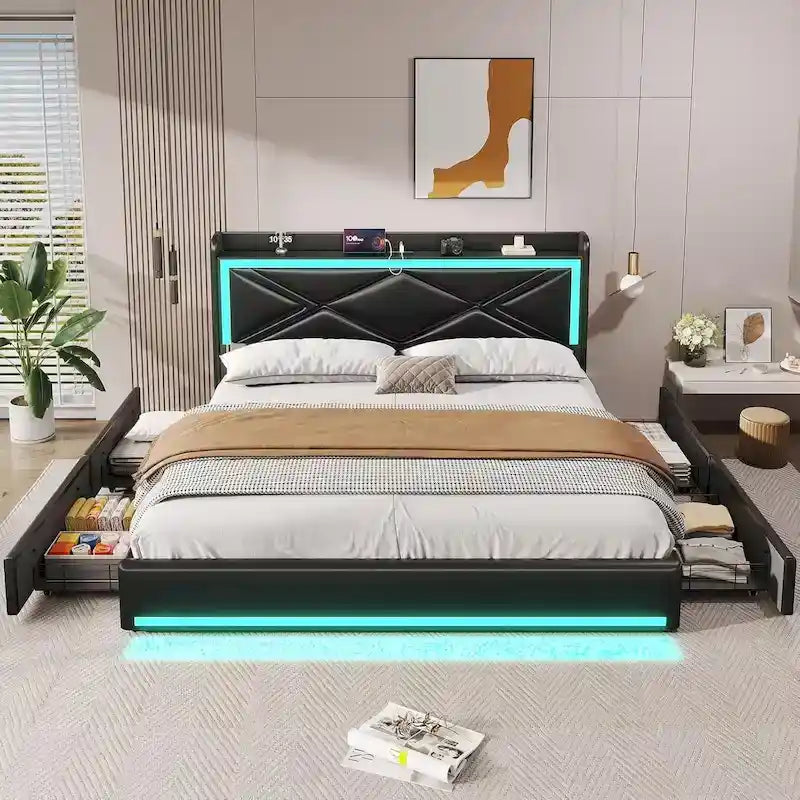 Cadre de lit avec lumières LED, tête de lit et station de charge USB-C/A, 4 tiroirs