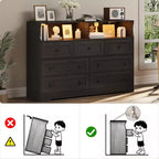 Commode en bois à 7 tiroirs avec station de recharge USB et lumières LED - Coiffeuse moderne avec 2 niches ouvertes pour chambre à coucher, salon, placard ou chambre d'enfant