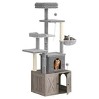 Arbre à chat et tour d'activité moderne 2-en-1 avec cache-litière, meuble pour chat tout-en-un, maison en bois avec espace litière caché pour chaton, avec hamac et poteaux à griffer