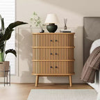 Meuble de rangement, commode à 3 tiroirs Mid-Century Modern avec porte coulissante, osier naturel et pieds en bois pour chambre à coucher ou salon