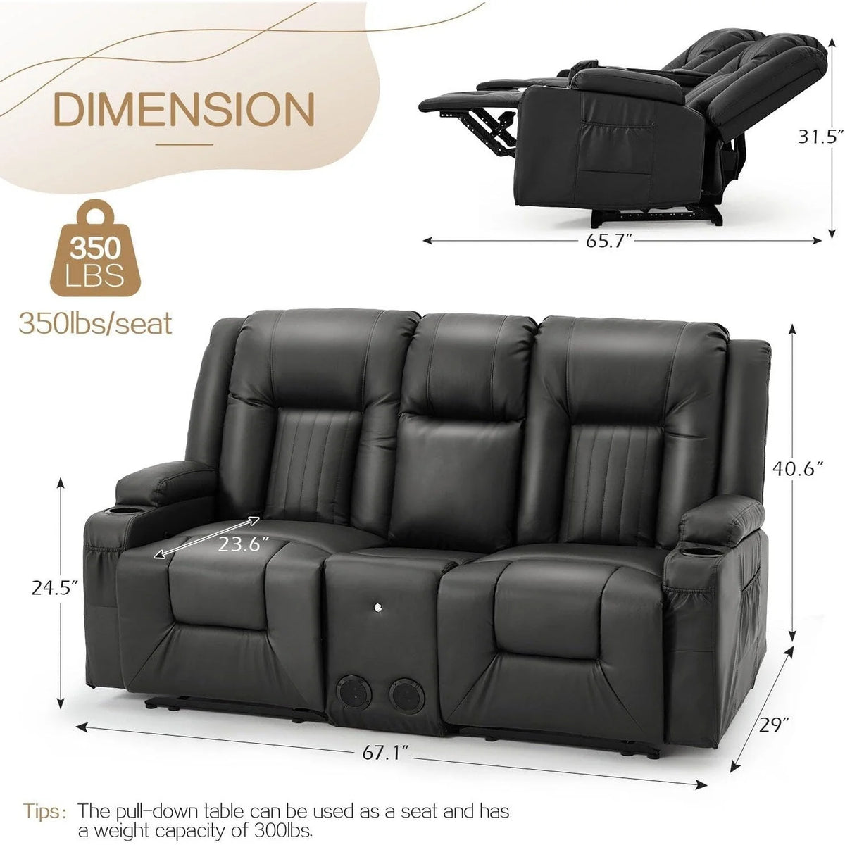 Canapé inclinable manuel AECOJOY pour VR, siège de cinéma maison en PU avec console