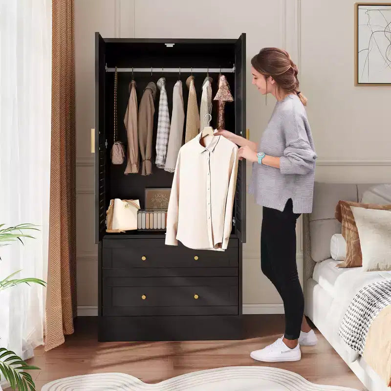 Armoire penderie à persiennes de 165 cm, Meuble de rangement en bois avec 2 portes et 2 tiroirs, Armoire de chambre avec tringle de suspension