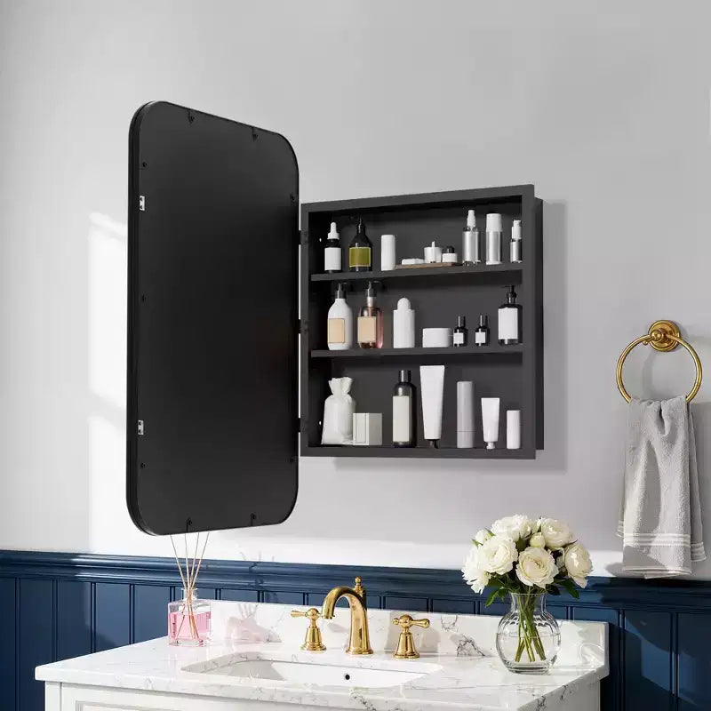 Armoire à pharmacie murale rectangulaire arrondie en fer forgé blanc de 19,5 x 29,64 pouces avec miroir pour salle de bain