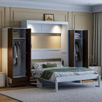 Lit escamotable mural avec armoire, tiroirs, éclairage LED et bureau