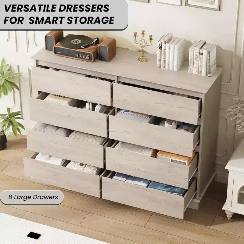 Commode double COZONY 51 po de large à 8 tiroirs – Grande commode horizontale avec tiroirs profonds et plateau large pour chambre, dressing, salon et couloir