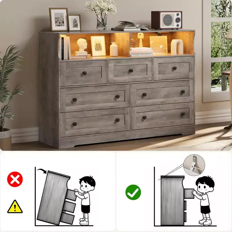 Commode en bois à 7 tiroirs avec station de recharge USB et lumières LED - Coiffeuse moderne avec 2 niches ouvertes pour chambre à coucher, salon, placard ou chambre d'enfant