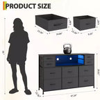 Commode de rangement à 10 tiroirs avec support TV, bande lumineuse LED et prises électriques, commode en tissu avec plateau en bois, meuble TV pour téléviseur de 55 pouces, commode de rangement