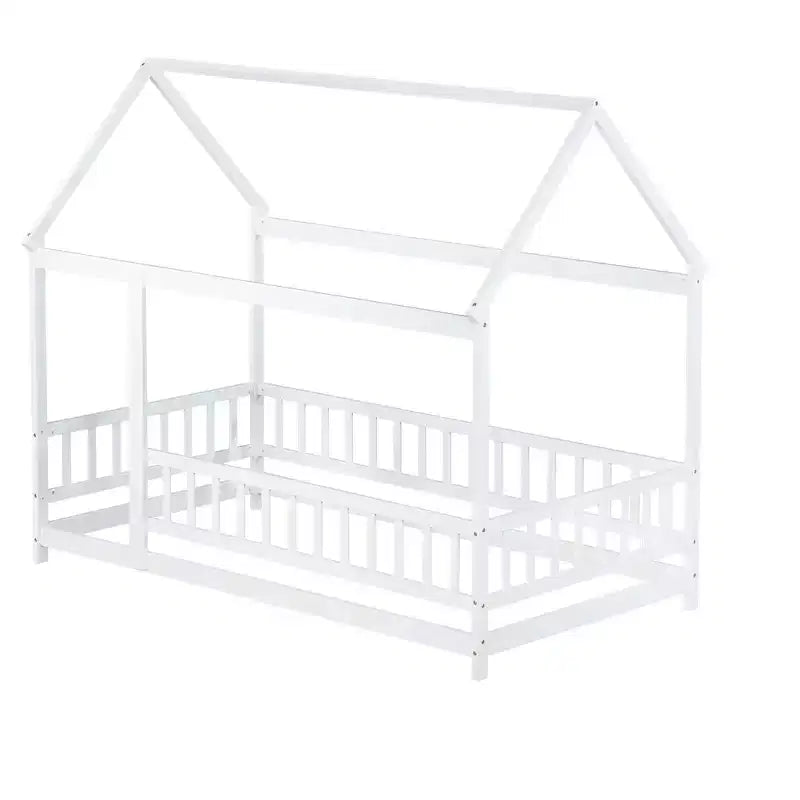 Lit au sol une place Luxystar de style cabane avec cadre de toit et clôture