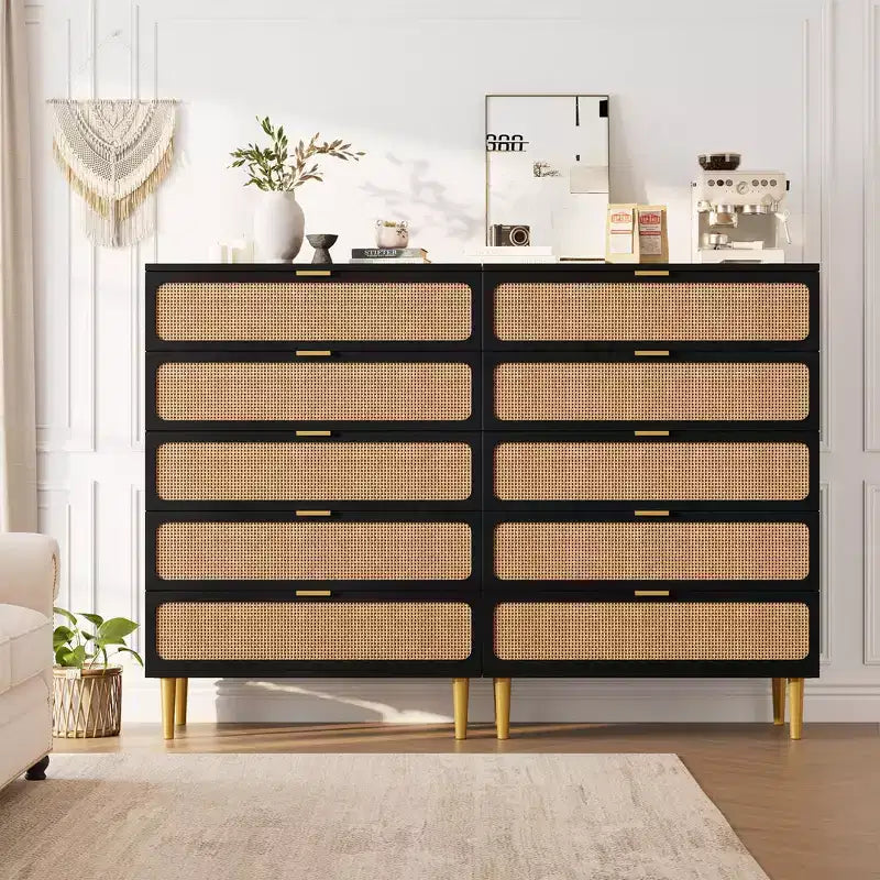 Commode Whizmax en rotin à 5 tiroirs pour chambre à coucher, commode haute avec tiroirs profonds, grande commode pour placard avec plateau large pour salon, couloir