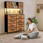 Commode de chambre, commode en tissu à 12 tiroirs, étagères ouvertes, plateau en bois et cadre en métal pour chambre à coucher, couloir ou salon