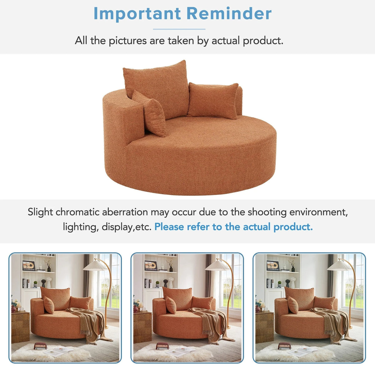 Fauteuil baril accent en chenille, Fauteuil de salon, Fauteuil rond avec base pivotante à 360 degrés et 3 coussins amovibles
