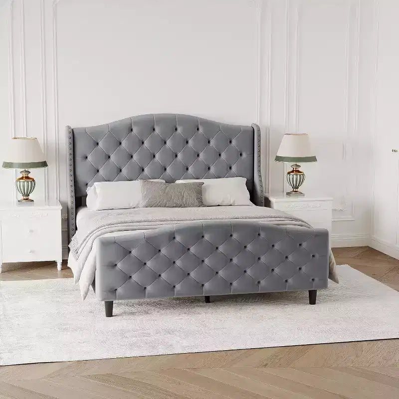 Cadre de lit, Cadre de lit rembourré avec tête de lit et pied de lit, Design moderne en lin, Capitonnage avec rivets, Sommier tapissier non requis