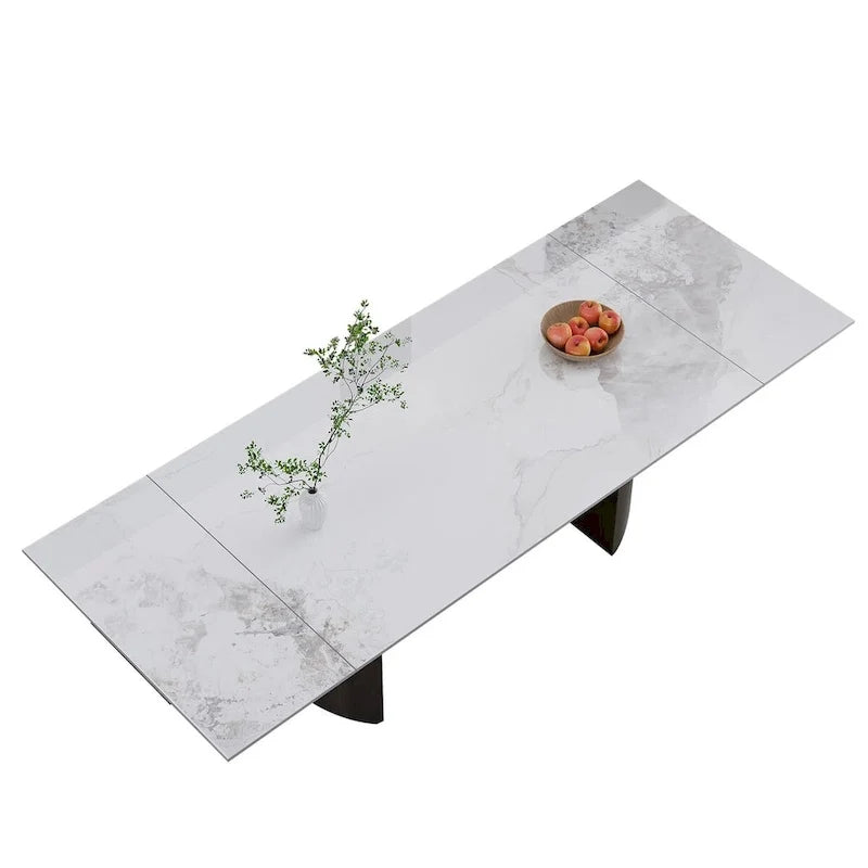 Ensemble de salle à manger extensible moderne et minimaliste 9 pièces 94.48 avec plateau en pierre frittée et double piédestal, avec 8 chaises en tissu