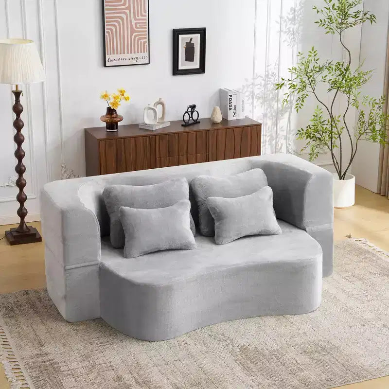 Canapé de sol moderne avec 4 oreillers, canapé futon en tissu peluche, matelas pliant en mousse haute densité pour salon