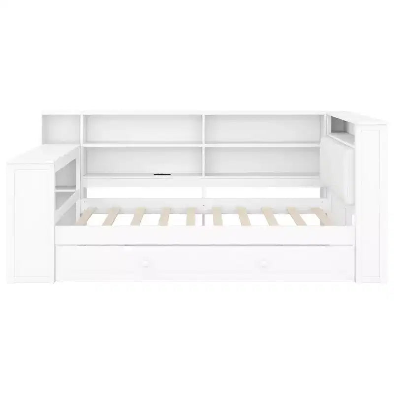 Lit plateforme double en bois Luxystar avec tête de lit capitonnée, 8 étagères de rangement, lit gigogne et bureau