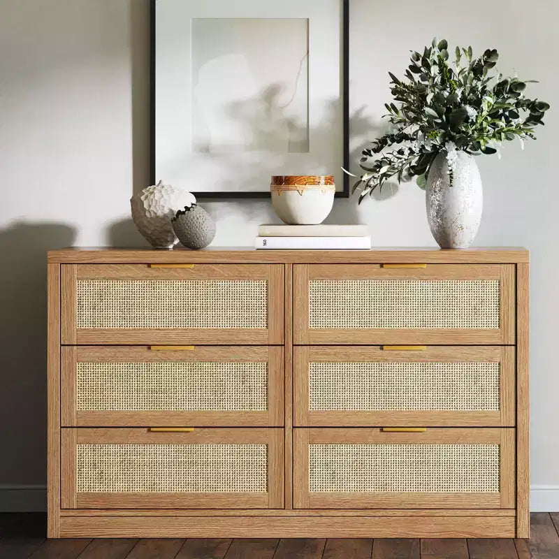 Commode à 6 tiroirs GustoWave pour chambre à coucher, commode en rotin de 133,8 cm de large, en bois avec poignées dorées, meuble TV de style ferme, table d'entrée, chiffonnier