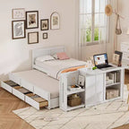 Lit plate-forme en bois simple avec bureau et étagère de rangement, Cadre de lit en bois simple/grand avec lit gigogne et 3 tiroirs